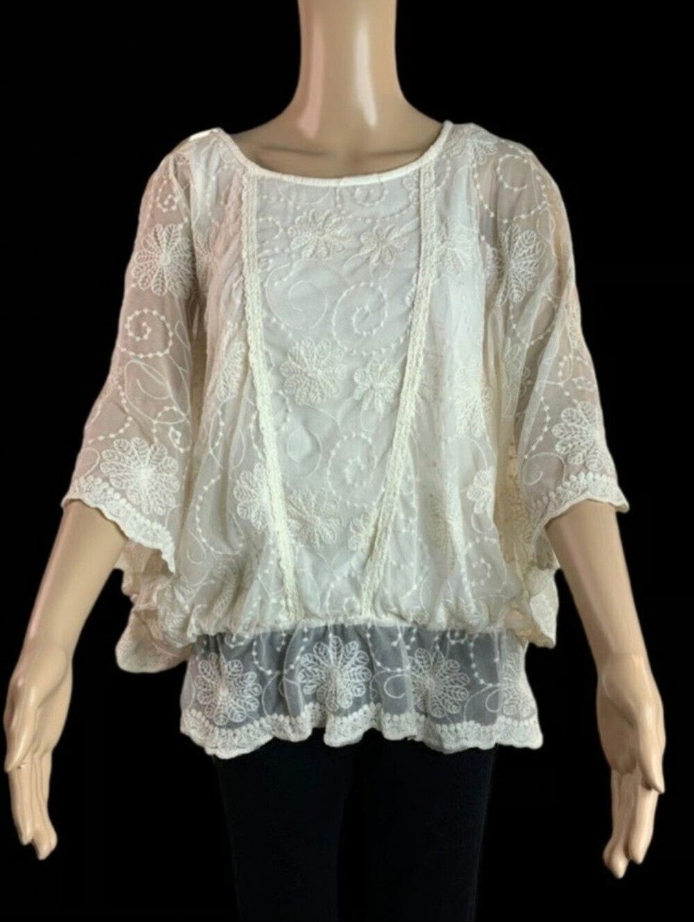 Democracy Boho Hippie Cream Floral Lace Scoop Neck Dolman Sleeve Blouse Size 2X